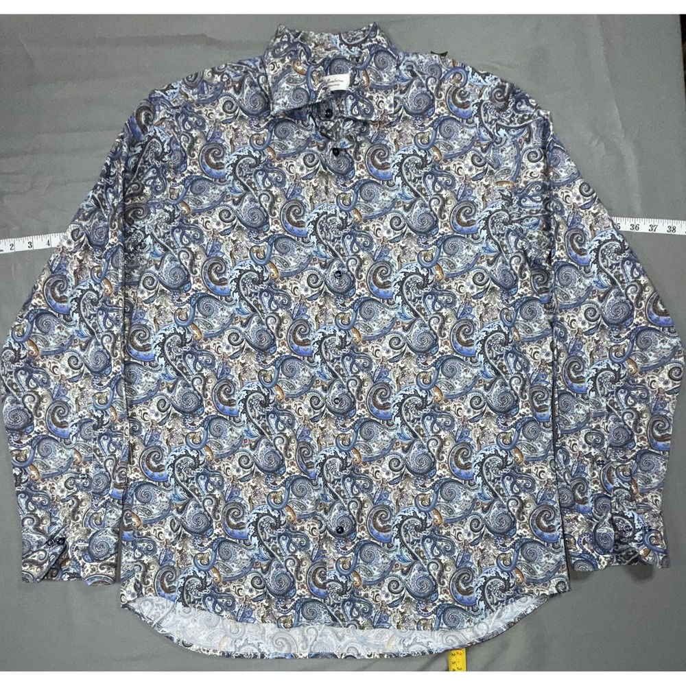Stenströms Dress Shirt Mens 17.5 44 Blue Paisley Fitted Body Cotton Long Sleeve